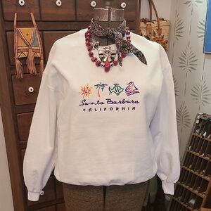 Vintage Jerzees White Santa Barbara California Embroidered Sweatshirt Size LARGE